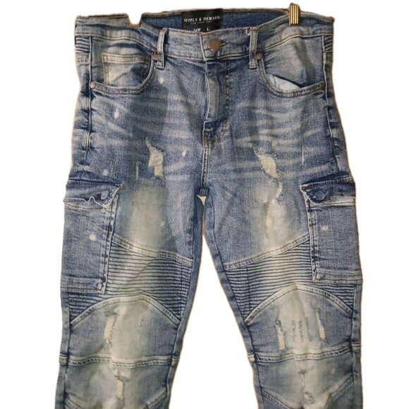 Supply & Demand Moto Jeans Mens 34X33 Blue Skinny Stretch Distressed Streetwear - Picture 7 of 9